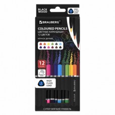 Карандаши цветные чёрное дерево BRAUBERG BLACK WOOD, 12 цветов, трехгранный корпус, грифель мягкий 3